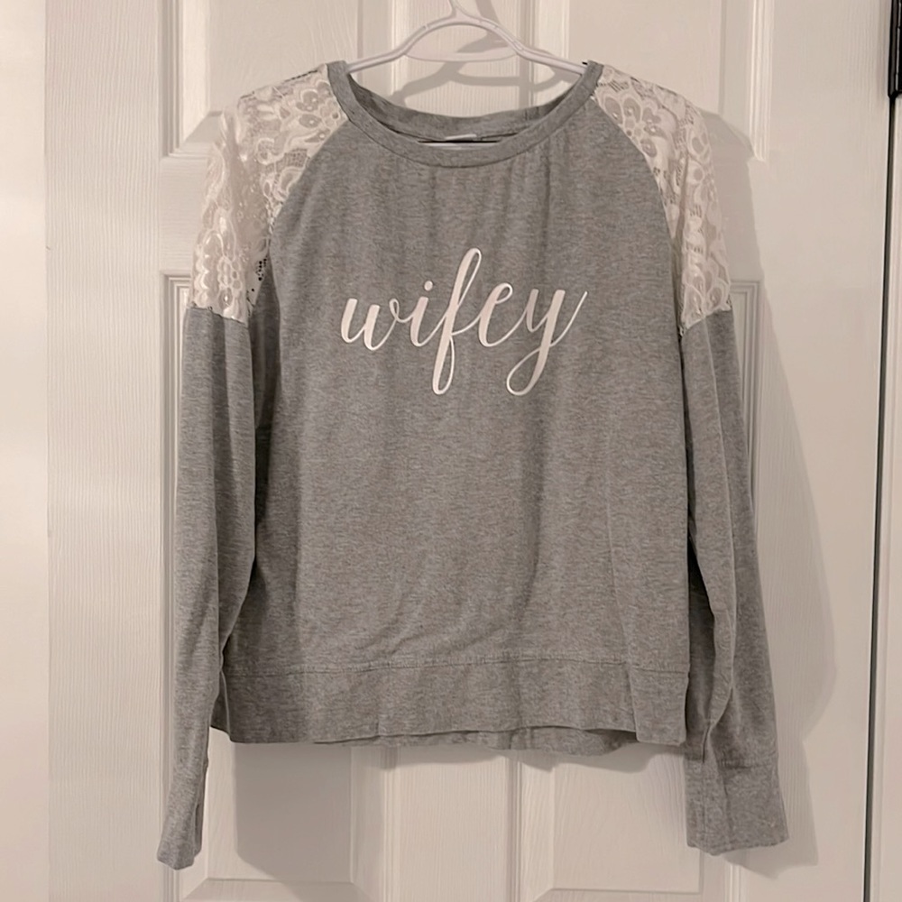 David’s Bridal “Wifey” Light Heather Gray Sweater with White Lace Shoulders